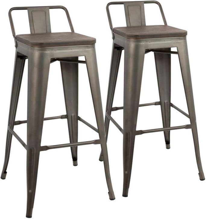 The appearance of Oregon Industrial Low Back Barstool In Antique And Espresso - Set Of 2 designed by Lumisource in the industrial interior design. This antique piece of furniture  was selected by 1StopBedrooms from Oregon Collection to add a touch of cosiness and style into your home. Sku: BS-LBOR AN+E2B. Material: Metal. Product Type: Barstool. Image1