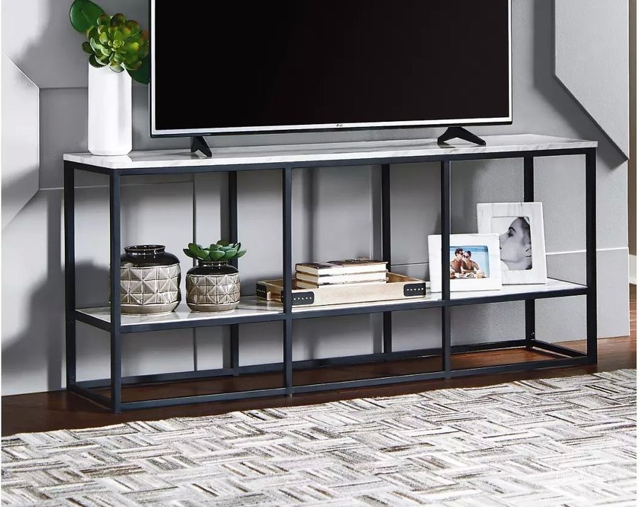 The appearance of Oretti Gray and Black TV Stand and TV Console designed by Off 5th Home in the transitional interior design. This gray and black piece of furniture  was selected by 1StopBedrooms from Oretti Collection to add a touch of cosiness and style into your home. Sku: W192-10. Material: Marble. Product Type: TV Stands and TV Console. Image1