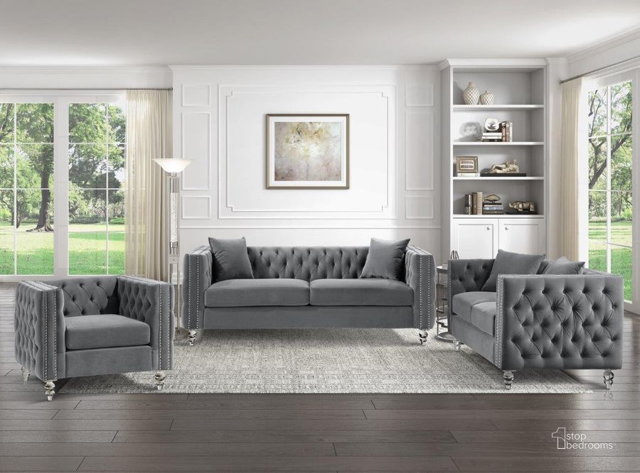 The appearance of Orina Gray Velvet Living Room Set designed by Homelegance in the modern / contemporary interior design. This gray piece of furniture  was selected by 1StopBedrooms from Orina Collection to add a touch of cosiness and style into your home. Sku: 9349GRY-3;9349GRY-2. Material: Wood. Product Type: Living Room Set. Image1