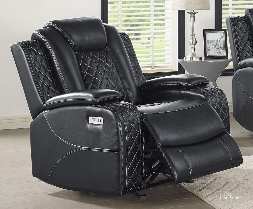 The appearance of Orion Black Leather Glider Recliner With Power Headrest And Footrest designed by New Classic in the modern / contemporary interior design. This black piece of furniture  was selected by 1StopBedrooms from Orion Collection to add a touch of cosiness and style into your home. Sku: U1769-13P2-BLK. Product Type: Recliners and Rocker. Image1