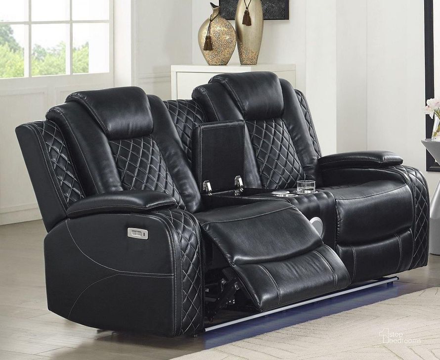 The appearance of Orion Black Leather Reclining Console Loveseat With Power Headrest And Footrest designed by New Classic in the modern / contemporary interior design. This black piece of furniture  was selected by 1StopBedrooms from Orion Collection to add a touch of cosiness and style into your home. Sku: U1769-25P2-BLK. Product Type: Reclining Loveseat. Image1