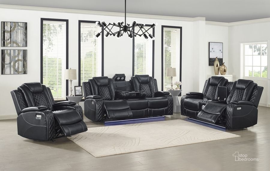 The appearance of Orion Black Leather Reclining Living Room Set with Power Headrest and Footrest designed by New Classic in the modern / contemporary interior design. This black piece of furniture  was selected by 1StopBedrooms from Orion Collection to add a touch of cosiness and style into your home. Sku: U1769-30P2-BLK;U1769-25-BLK. Product Type: Living Room Set. Image1