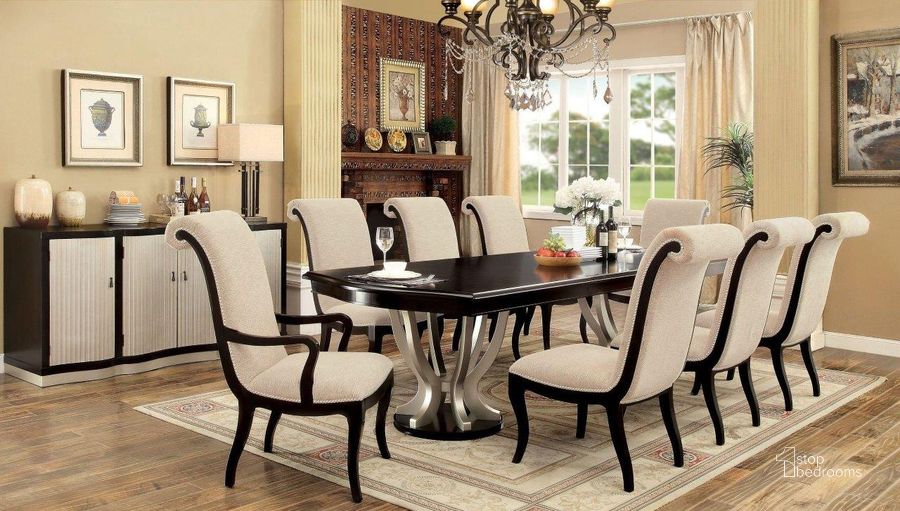 The appearance of Ornette Espresso Extendable Rectangular Dining Room Set designed by Furniture of America in the modern / contemporary interior design. This brown piece of furniture  was selected by 1StopBedrooms from Ornette Collection to add a touch of cosiness and style into your home. Sku: CM3353T-1;CM3353T-2;CM3353SC-2PK. Table Base Style: Double Pedestal. Material: Wood. Product Type: Dining Room Set. Table Top Shape: Rectangular. Image1