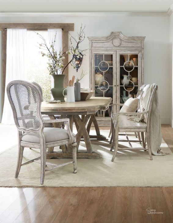 The appearance of Boheme Light Wood Colibri 88 Trestle Extendable Dining Room Set designed by Hooker in the traditional interior design. This brown piece of furniture  was selected by 1StopBedrooms from Boheme Collection to add a touch of cosiness and style into your home. Sku: 5750-75200B-MWD;5750-75200T-MWD;5750-75410-LTWD. Table Base Style: Trestle. Product Type: Dining Room Set. Table Top Shape: Rectangular. Material: Poplar.