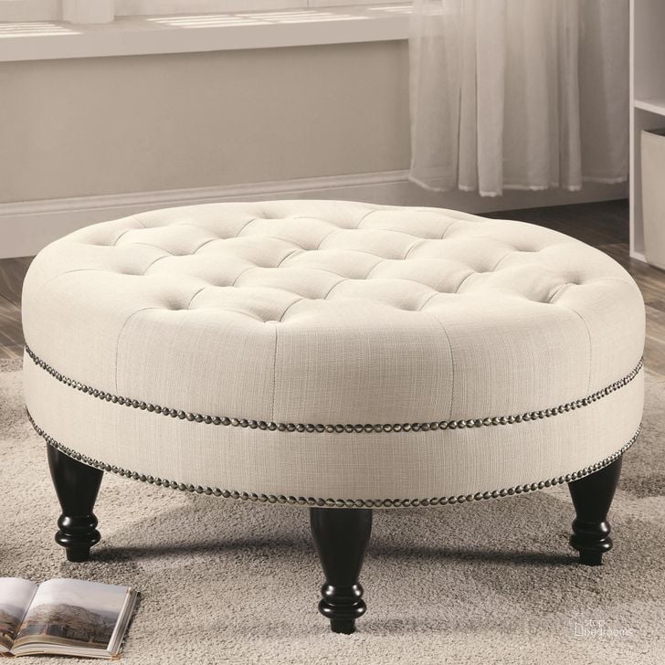 The appearance of Oatmeal Large Round Ottoman designed by Coaster in the traditional interior design. This beige piece of furniture  was selected by 1StopBedrooms from Ottomans Collection to add a touch of cosiness and style into your home. Sku: 500018. Material: Fabric. Product Type: Ottoman. Image1