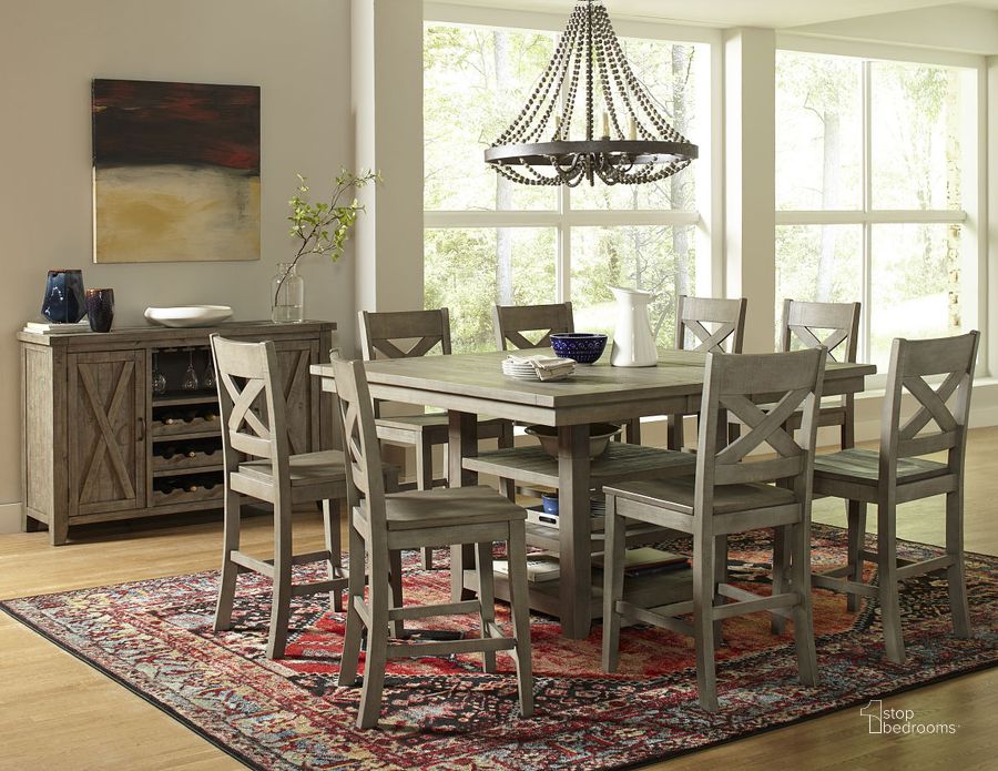 The appearance of Outer Banks Adjustable Height Dining Set w/ Counter Stools designed by Jofran in the transitional interior design. This driftwood piece of furniture  was selected by 1StopBedrooms from Outer Banks Collection to add a touch of cosiness and style into your home. Sku: 1841-60;1841-BS420KD. Table Base Style: Pedestal. Table Top Shape: Square. Material: Wood. Product Type: Dining Room Set. Image1