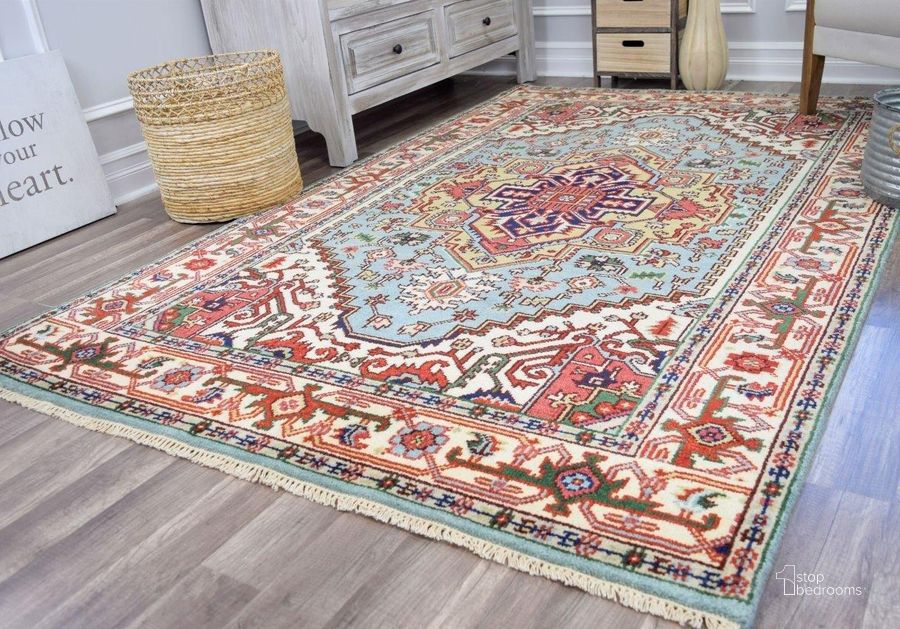 The appearance of Ovalle RH003 Sky Blue Transitional Boho Blue 4' x 6' Area Rug designed by Rugs America in the transitional interior design. This sky blue piece of furniture  was selected by 1StopBedrooms from Ovalle Collection to add a touch of cosiness and style into your home. Sku: RA27517. Material: Wool. Product Type: Area Rugs. Image1