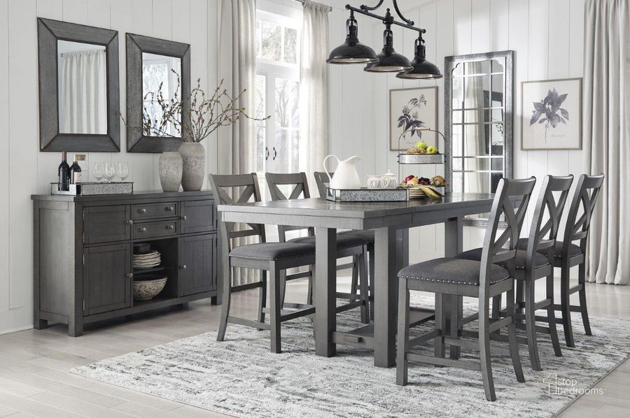 The appearance of Oystergrove Gray Dining Room Set 0qd24421535 designed by Off 5th Home in the transitional interior design. This gray piece of furniture  was selected by 1StopBedrooms from Oystergrove Collection to add a touch of cosiness and style into your home. Sku: D629-32;D629-124. Material: Wood. Product Type: Dining Room Set. Table Top Shape: Rectangular. Image1