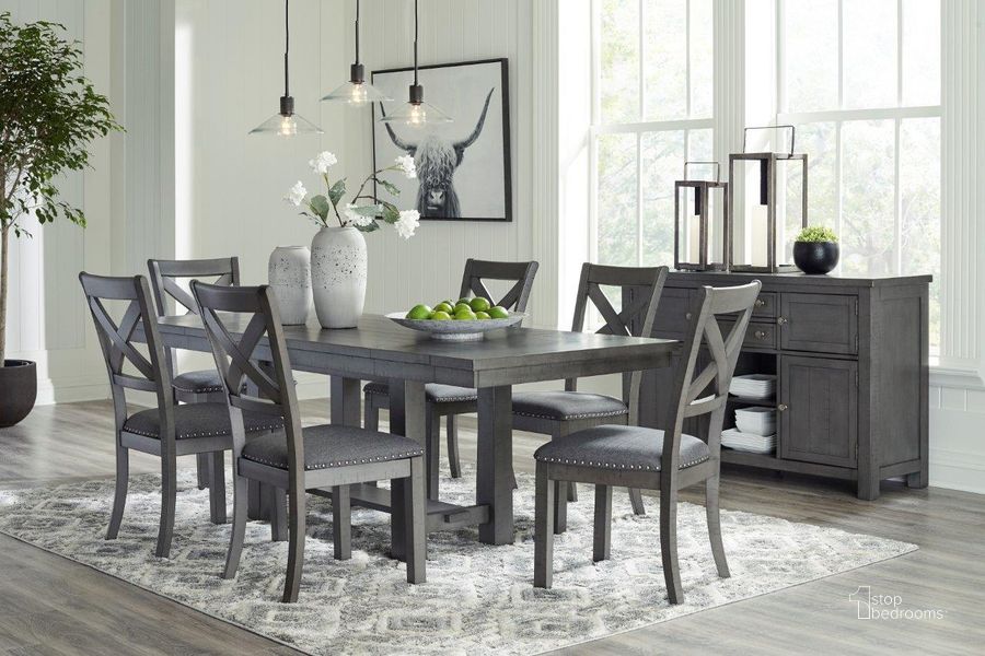 The appearance of Oystergrove Gray Dining Room Set 0qd24495654 designed by Off 5th Home in the transitional interior design. This gray piece of furniture  was selected by 1StopBedrooms from Oystergrove Collection to add a touch of cosiness and style into your home. Sku: D629-45;D629-01. Table Base Style: Trestle. Material: Wood. Product Type: Dining Room Set. Table Top Shape: Rectangular. Image1