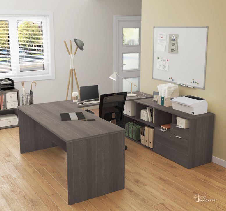 The appearance of I3 Plus U-Desk With Two Drawers In Bark Gray designed by Bestar in the modern / contemporary interior design. This bark gray piece of furniture  was selected by 1StopBedrooms from I3 Plus Collection to add a touch of cosiness and style into your home. Sku: 160860-47. Material: Wood. Product Type: Office Desk. Image1
