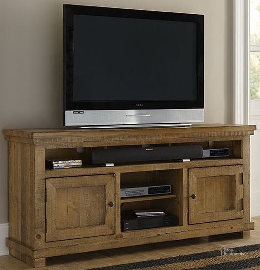The appearance of Willow Distressed Pine 64 Console designed by Progressive Furniture in the transitional interior design. This brown piece of furniture  was selected by 1StopBedrooms from Willow Collection to add a touch of cosiness and style into your home. Sku: P608E-64. Material: Wood. Product Type: TV Console.