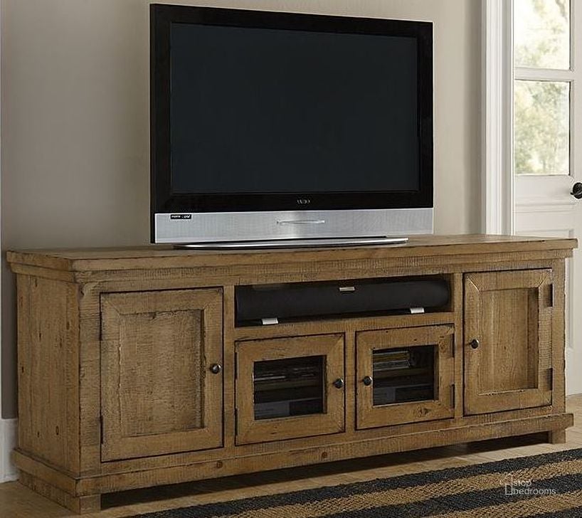 The appearance of Willow Distressed Pine 74 Console designed by Progressive Furniture in the transitional interior design. This brown piece of furniture  was selected by 1StopBedrooms from Willow Collection to add a touch of cosiness and style into your home. Sku: P608E-74. Material: Wood. Product Type: TV Console.