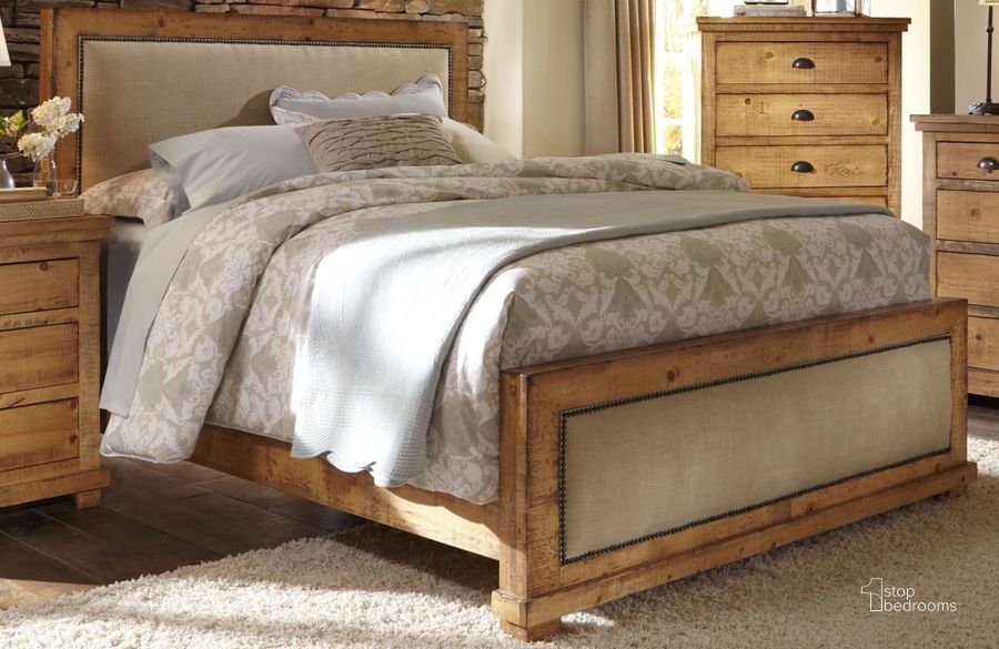 The appearance of Willow Distressed Pine Queen Upholstered Bed designed by Progressive Furniture in the transitional interior design. This brown piece of furniture  was selected by 1StopBedrooms from Willow Collection to add a touch of cosiness and style into your home. Sku: P608-34;P608-35;P608-78. Material: Wood. Bed Size: Queen. Product Type: Upholstered Bed. Image1