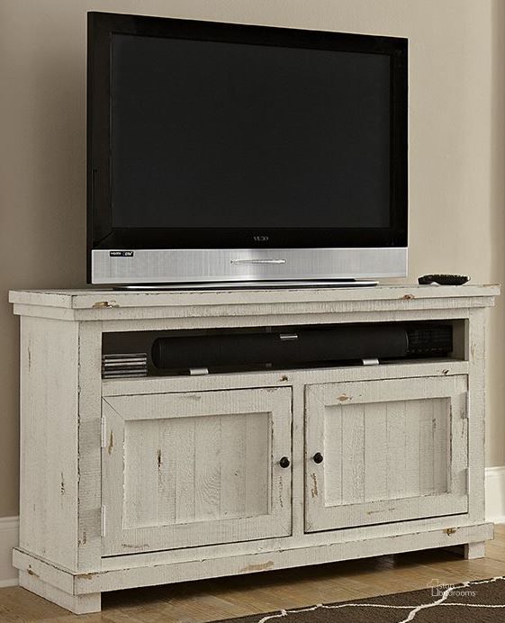 The appearance of Willow Distressed White 54 Console designed by Progressive Furniture in the transitional interior design. This white piece of furniture  was selected by 1StopBedrooms from Willow Collection to add a touch of cosiness and style into your home. Sku: P610E-54. Material: Wood. Product Type: TV Console.