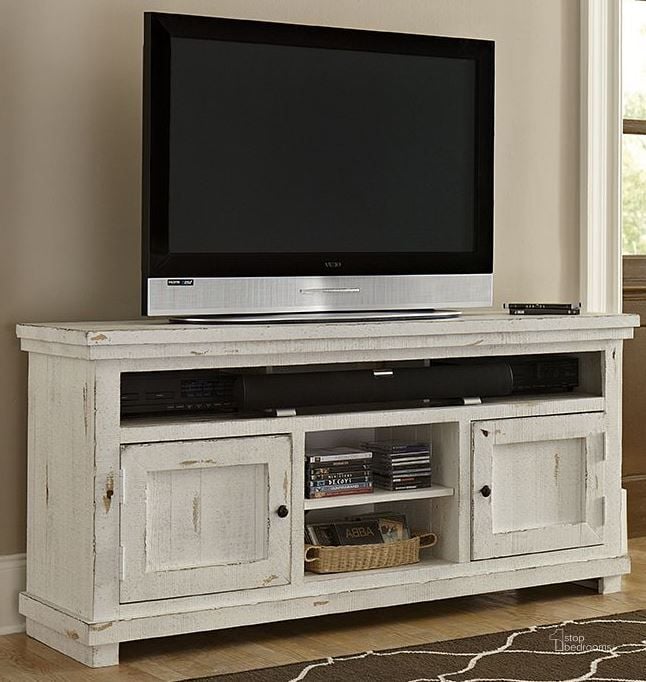 The appearance of Willow Distressed White 64 Console designed by Progressive Furniture in the transitional interior design. This white piece of furniture  was selected by 1StopBedrooms from Willow Collection to add a touch of cosiness and style into your home. Sku: P610E-64. Material: Wood. Product Type: TV Console.
