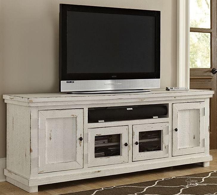 The appearance of Willow Distressed White 74 Console designed by Progressive Furniture in the transitional interior design. This white piece of furniture  was selected by 1StopBedrooms from Willow Collection to add a touch of cosiness and style into your home. Sku: P610E-74. Material: Wood. Product Type: TV Console.