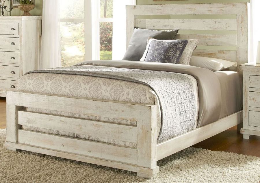 The appearance of Willow Distressed White Queen Slat Bed designed by Progressive Furniture in the transitional interior design. This white piece of furniture  was selected by 1StopBedrooms from Willow Collection to add a touch of cosiness and style into your home. Sku: P610-60;P610-61;P610-78. Material: Wood. Bed Size: Queen. Product Type: Slat / Spindle Bed. Bed Type: Slat / Spindle Bed. Image1