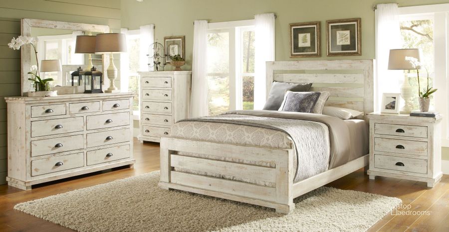 The appearance of Willow Distressed White Slat Bedroom Set designed by Progressive Furniture in the transitional interior design. This white piece of furniture  was selected by 1StopBedrooms from Willow Collection to add a touch of cosiness and style into your home. Sku: P610-60;P610-61;P610-78;P610-43. Material: Wood. Bed Size: Queen. Product Type: Slat / Spindle Bed. Bed Type: Slat / Spindle Bed. Image1