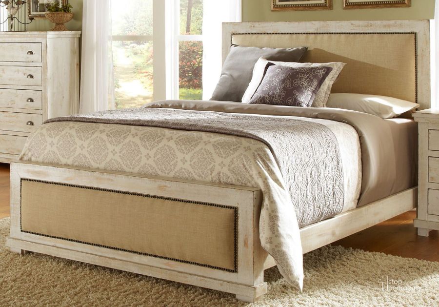 The appearance of Willow Distressed White Queen Upholstered Bed designed by Progressive Furniture in the transitional interior design. This white piece of furniture  was selected by 1StopBedrooms from Willow Collection to add a touch of cosiness and style into your home. Sku: P610-34;P610-35;P610-78. Material: Wood. Bed Size: Queen. Product Type: Upholstered Bed. Image1