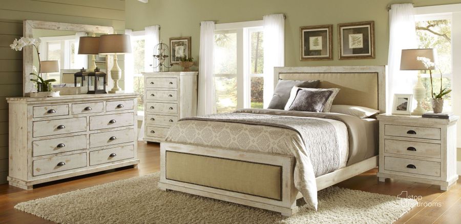 The appearance of Willow Distressed White Upholstered Bedroom Set designed by Progressive Furniture in the transitional interior design. This white piece of furniture  was selected by 1StopBedrooms from Willow Collection to add a touch of cosiness and style into your home. Sku: P610-34;P610-35;P610-78;P610-43. Material: Wood. Bed Size: Queen. Product Type: Upholstered Bed. Image1