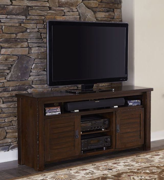 The appearance of Trestlewood Mesquite Pine 64 Console designed by Progressive Furniture in the rustic / southwestern interior design. This brown piece of furniture  was selected by 1StopBedrooms from Trestlewood Collection to add a touch of cosiness and style into your home. Sku: P611E-64. Material: Wood. Product Type: TV Console.