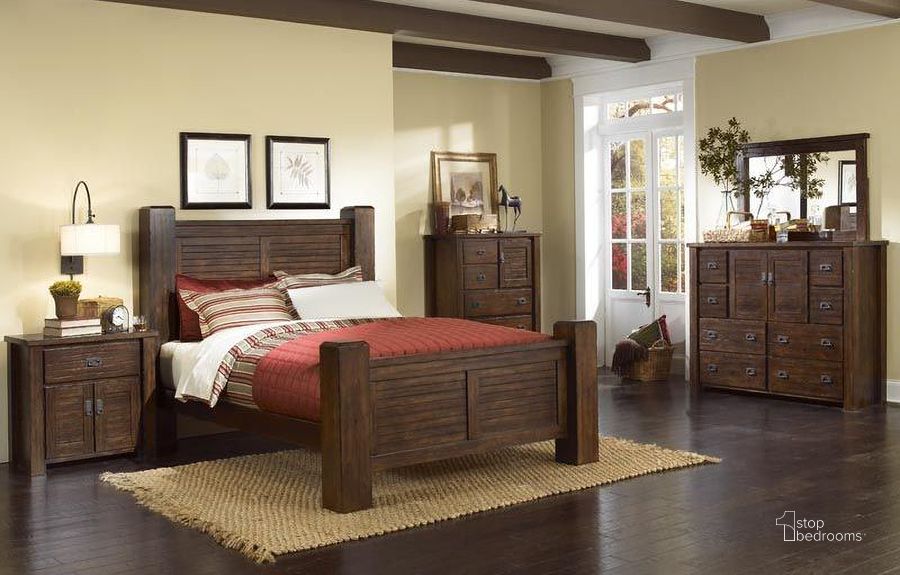 The appearance of Trestlewood Mesquite Pine Poster Bedroom Set designed by Progressive Furniture in the rustic / southwestern interior design. This brown piece of furniture  was selected by 1StopBedrooms from Trestlewood Collection to add a touch of cosiness and style into your home. Sku: P611-34;P611-35;P611-77;P611-44. Bed Type: Poster Bed. Material: Wood. Product Type: Poster Bed. Bed Size: Queen. Image1