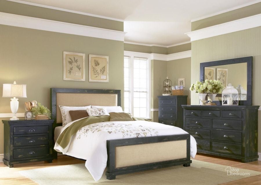 The appearance of Willow Distressed Black Upholstered Bedroom Set designed by Progressive Furniture in the transitional interior design. This black piece of furniture  was selected by 1StopBedrooms from Willow Collection to add a touch of cosiness and style into your home. Sku: P612-34;P612-35;P612-78;P612-43. Bed Type: Panel Bed. Material: Wood. Product Type: Panel Bed. Bed Size: Queen. Image1