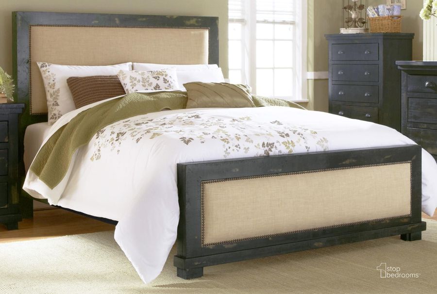 The appearance of Willow Distressed Black Queen Upholstered Bed designed by Progressive Furniture in the transitional interior design. This black piece of furniture  was selected by 1StopBedrooms from Willow Collection to add a touch of cosiness and style into your home. Sku: P612-34;P612-35;P612-78. Material: Wood. Bed Size: Queen. Product Type: Upholstered Bed. Image1