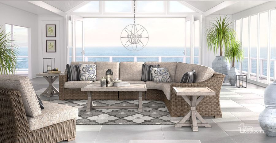 The appearance of Beachcroft Beige Rectangular Occasional Table Set designed by Signature Design by Ashley in the transitional interior design. This beige piece of furniture  was selected by 1StopBedrooms from Beachcroft Collection to add a touch of cosiness and style into your home. Sku: P791-701;P791-702. Material: Fabric. Table Top Shape: Rectangular. Product Type: Outdoor Conversation Set.