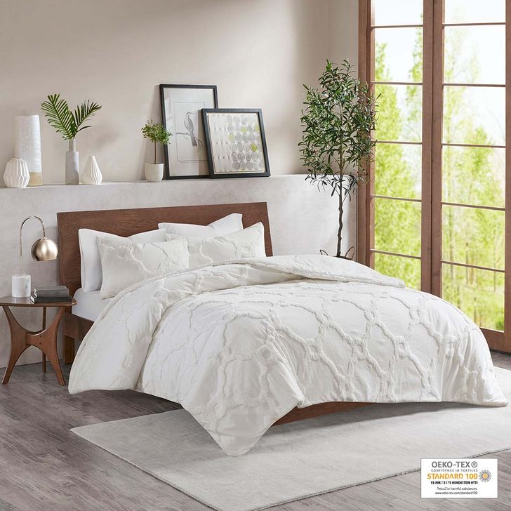 The appearance of Pacey Cotton Tufted Chenille Queen Comforter Set In Off White designed by Olliix in the modern / contemporary interior design. This off white piece of furniture  was selected by 1StopBedrooms from Pacey Collection to add a touch of cosiness and style into your home. Sku: MP10-5987. Material: Polyester. Bed Size: Queen. Product Type: Comforter Set. Image1