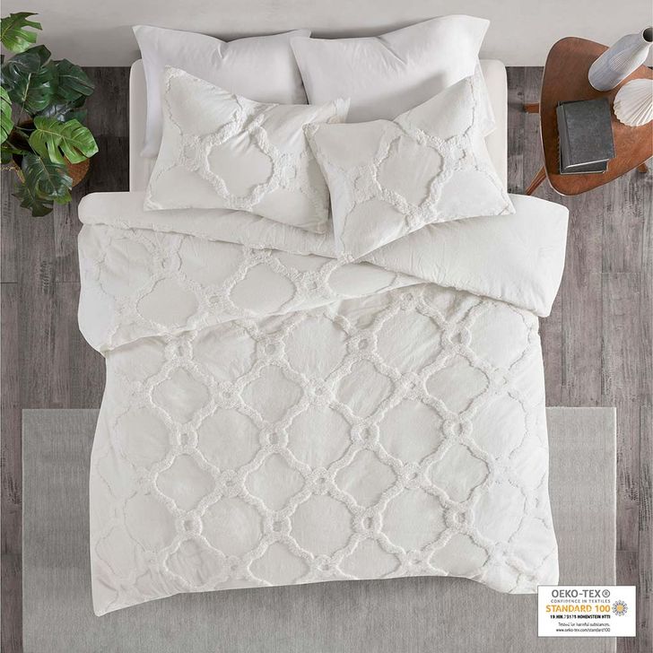 The appearance of Pacey Cotton Tufted Chenille King Duvet Cover Set In Off White designed by Olliix in the modern / contemporary interior design. This off white piece of furniture  was selected by 1StopBedrooms from Pacey Collection to add a touch of cosiness and style into your home. Sku: MP12-5992. Bed Size: King. Material: Cotton. Product Type: Duvet Cover Set. Image1