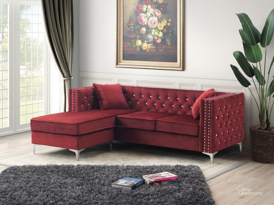 The appearance of Paige Burgundy Sofa Chaise designed by Glory in the modern / contemporary interior design. This burgundy piece of furniture  was selected by 1StopBedrooms from Paige Collection to add a touch of cosiness and style into your home. Sku: G826B-SC-Sofa Seat, Arm, Back;G826B-SC-Chaise-Base, Cushion, Hardware, Leg. Material: Wood. Product Type: Sofa Chaise. Image1