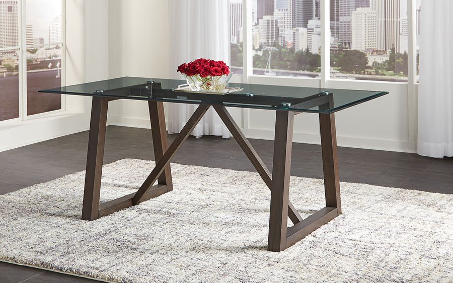 The appearance of Palm Canyon Carob Brown Rectangular Glass Top Trestle Dining Table designed by A-America in the transitional interior design. This brown piece of furniture  was selected by 1StopBedrooms from Palm Canyon Collection to add a touch of cosiness and style into your home. Sku: PAMCR632B;PAMCR632T. Table Base Style: Trestle. Product Type: Dining Table. Table Top Shape: Rectangular. Material: Pine. Image1