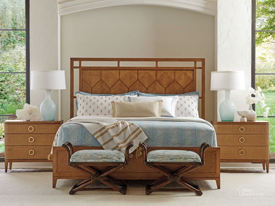 The appearance of Palm Desert Sundrenched Sierra Tan Rancho Mirage Panel Bedroom Set designed by Tommy Bahama in the modern / contemporary interior design. This brown piece of furniture  was selected by 1StopBedrooms from Palm Desert Collection to add a touch of cosiness and style into your home. Sku: 01-0575-133C;01-0575-621. Product Type: Panel Bed. Bed Size: Queen. Image1