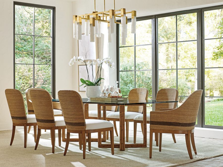 The appearance of Palm Desert Sundrenched Sierra Tan Sheridan 84 Inch Dining Room Set designed by Tommy Bahama in the transitional interior design. This brown piece of furniture  was selected by 1StopBedrooms from Palm Desert Collection to add a touch of cosiness and style into your home. Sku: 01-0575-870-84C;01-0575-882-01. Material: Glass. Product Type: Dining Room Set. Image1