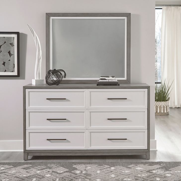 The appearance of Palmetto Heights Dresser and Mirror In Shell White and Driftwood designed by Liberty in the modern / contemporary interior design. This white piece of furniture  was selected by 1StopBedrooms from Palmetto Heights Collection to add a touch of cosiness and style into your home. Sku: 499-BR31;499-BR51. Product Type: Dresser and Mirror. Material: Rubberwood. Image1