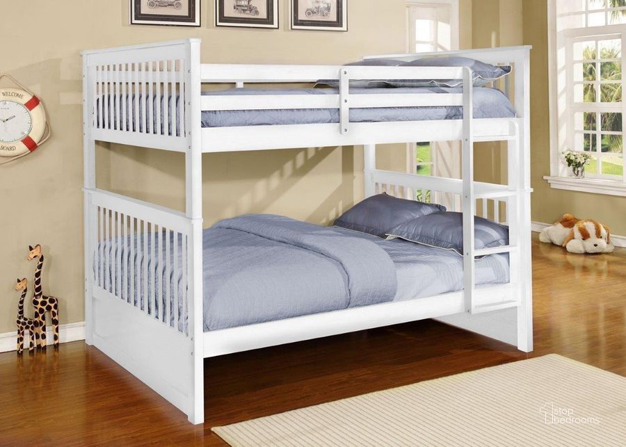 The appearance of Paloma Full Over Full Bunk Bed In White designed by US Tamex in the transitional interior design. This white piece of furniture  was selected by 1StopBedrooms from Paloma Collection to add a touch of cosiness and style into your home. Sku: E4520714-A;E4520714-B;E4520714-C. Bed Type: Bunk Bed. Material: Wood. Product Type: Bunk Bed. Bed Size: Full Over Full. Image1