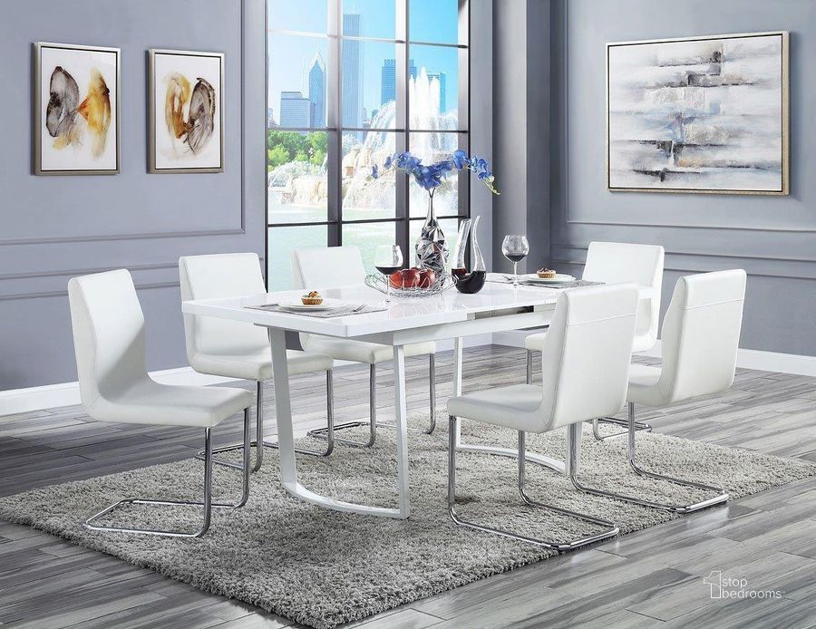 The appearance of Palton Dining Room Set designed by ACME in the modern / contemporary interior design. This white high gloss piece of furniture  was selected by 1StopBedrooms from Palton Collection to add a touch of cosiness and style into your home. Sku: DN00732-1;DN00732-2;DN00733. Table Base Style: Double Pedestal. Material: Wood. Product Type: Dining Room Set. Table Top Shape: Rectangular. Size: 72". Image1