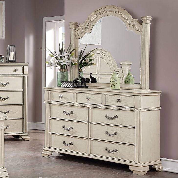 The appearance of Pamphilos Dresser In Antique White designed by Furniture of America in the traditional interior design. This antique white piece of furniture  was selected by 1StopBedrooms from Pamphilos Collection to add a touch of cosiness and style into your home. Sku: FOA7144WH-D. Material: Wood. Product Type: Dresser. Image1