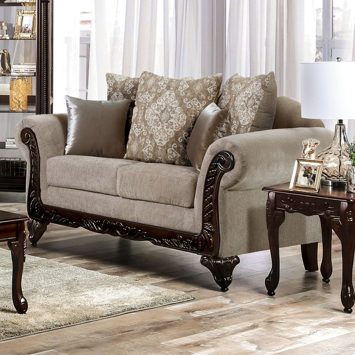 The appearance of Panozzo Loveseat In Walnut and Beige designed by Furniture of America in the traditional interior design. This walnut and beige piece of furniture  was selected by 1StopBedrooms from Panozzo Collection to add a touch of cosiness and style into your home. Sku: SM7308-LV. Product Type: Loveseat. Material: Chenille. Image1