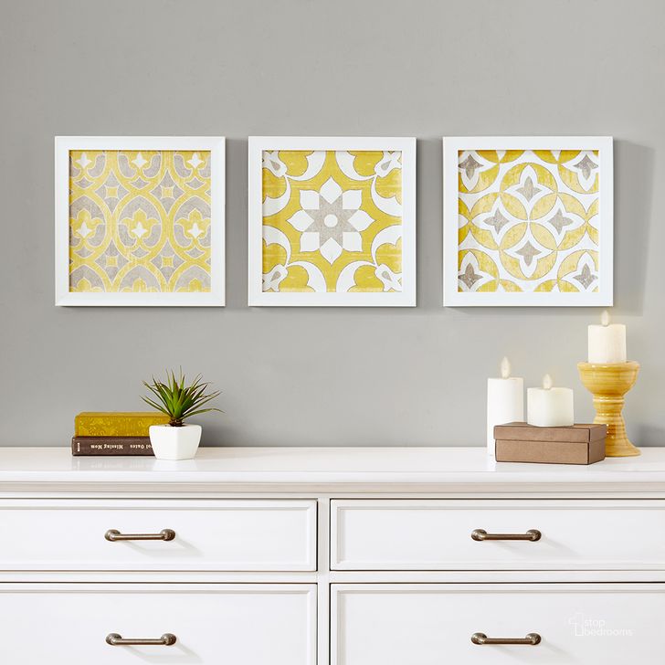 The appearance of Paper Printed With Gel Coat And Framed Wall Decor 3 Piece Set In Yellow designed by Olliix in the modern / contemporary interior design. This yellow piece of furniture  was selected by 1StopBedrooms from Tuscan Tiles Collection to add a touch of cosiness and style into your home. Sku: MP95B-0002. Material: MDF. Product Type: Wall Decor. Image1