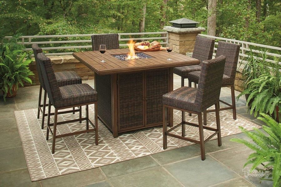 The appearance of Paradise Trail Medium Brown Outdoor Square Bar Set with Fire Pit designed by Signature Design by Ashley in the modern / contemporary interior design. This medium brown piece of furniture  was selected by 1StopBedrooms from Paradise Trail Collection to add a touch of cosiness and style into your home. Sku: P750-665;P750-130. Material: Wood. Product Type: Outdoor Bar Furniture. Image1