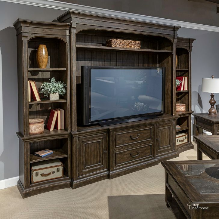 The appearance of Paradise Valley Entertainment Center With Piers In Saddle Brown designed by Liberty in the traditional interior design. This saddle brown piece of furniture  was selected by 1StopBedrooms from Paradise Valley Collection to add a touch of cosiness and style into your home. Sku: 297-EC00;297-EL00B;297-EL00T;297-ER00B;297-ER00T;297-TV78. Product Type: Entertainment Center. Material: Rubberwood.