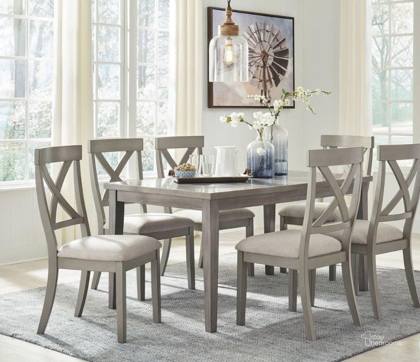 The appearance of Parellen Gray Dining Room Set designed by Signature Design by Ashley in the transitional interior design. This gray piece of furniture  was selected by 1StopBedrooms from Parellen Collection to add a touch of cosiness and style into your home. Sku: D291-25;D291-01. Table Base Style: Legs. Product Type: Dining Room Set. Table Top Shape: Rectangular. Material: Melamine. Image1