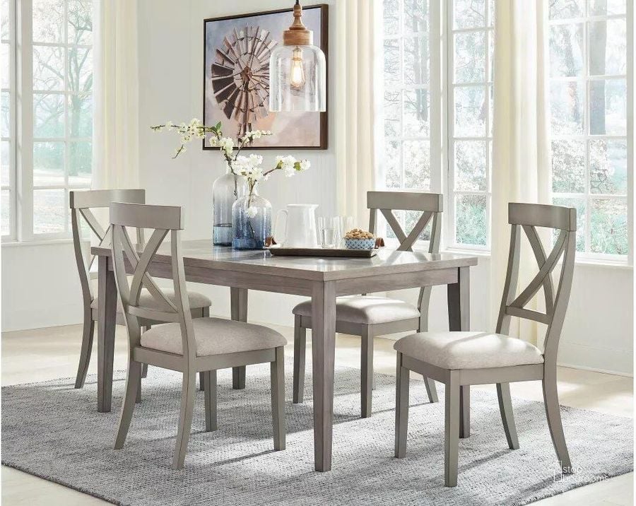The appearance of Parellen Gray Dining Table designed by Signature Design by Ashley in the transitional interior design. This gray piece of furniture  was selected by 1StopBedrooms from Parellen Collection to add a touch of cosiness and style into your home. Sku: D291-25. Table Base Style: Legs. Product Type: Dining Table. Table Top Shape: Rectangular. Material: Melamine. Image1