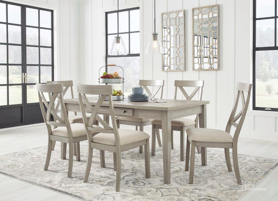 The appearance of Parellen Grey Rectangular Storage Dining Room Set designed by Signature Design by Ashley in the transitional interior design. This gray piece of furniture  was selected by 1StopBedrooms from Parellen Collection to add a touch of cosiness and style into your home. Sku: D291-26;D291-01. Table Base Style: Legs. Material: Wood. Product Type: Dining Room Set. Table Top Shape: Rectangular. Image1