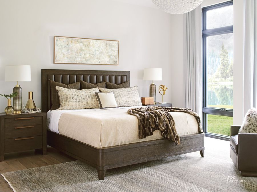 The appearance of Park City Dark Mocha and Rich Chestnut Brown Talisker Upholstered Panel Bedroom Set designed by Barclay Butera in the transitional interior design. This brown piece of furniture  was selected by 1StopBedrooms from Park City Collection to add a touch of cosiness and style into your home. Sku: 01-0930-153C;01-0930-622. Product Type: Panel Bed. Bed Size: Queen. Image1
