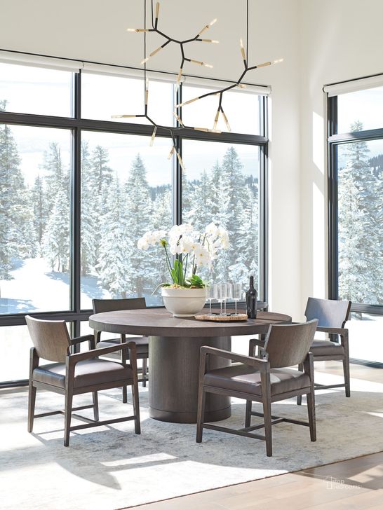 The appearance of Park City Dark Mocha Canyon Silvercreek Round Dining Room Set designed by Barclay Butera in the modern / contemporary interior design. This brown piece of furniture  was selected by 1StopBedrooms from Park City Collection to add a touch of cosiness and style into your home. Sku: 01-0930-875C;01-0930-881-01. Product Type: Dining Room Set. Image1