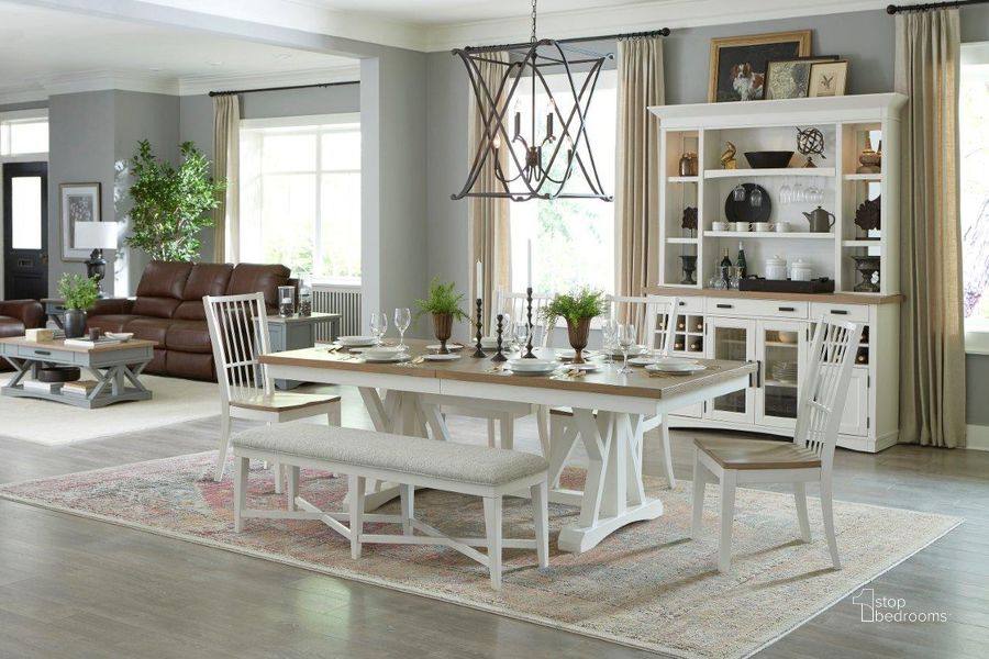 The appearance of Parker House Americana Modern Dining 88 Inch Trestle Dining Table With Extends To 112 Inch With Butterfly Leaf designed by Parker House in the modern / contemporary interior design. This cotton piece of furniture  was selected by 1StopBedrooms from Americana Collection to add a touch of cosiness and style into your home. Sku: DAME#88B-COT;DAME#88T-COT. Table Base Style: Trestle. Product Type: Dining Table. Material: Wood Veneer. Table Top Shape: Rectangular. Size: 112". Image1