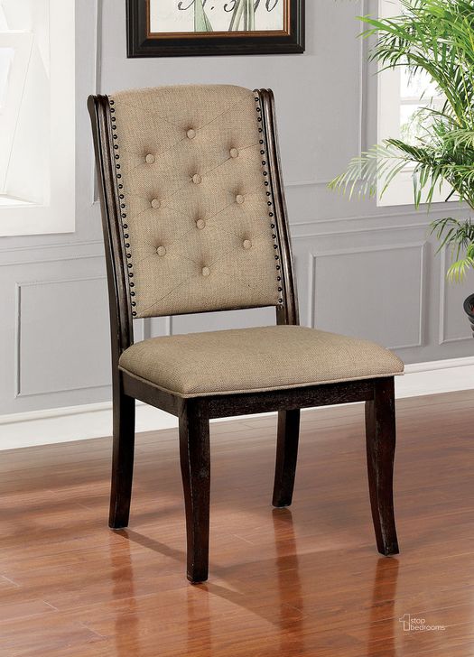 The appearance of Patience Side Chair Set of 2 In Dark Walnut and Beige designed by Furniture of America in the rustic / southwestern interior design. This dark walnut and beige piece of furniture  was selected by 1StopBedrooms from Patience Collection to add a touch of cosiness and style into your home. Sku: CM3577WN-SC-2PK. Material: Wood. Product Type: Side Chair.